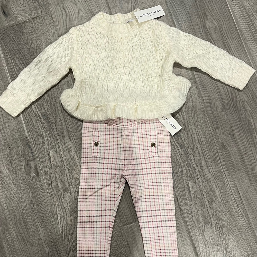 Janie and Jack Cream Sweater and Pink Plaid Leggings — 12-18M (NWT)